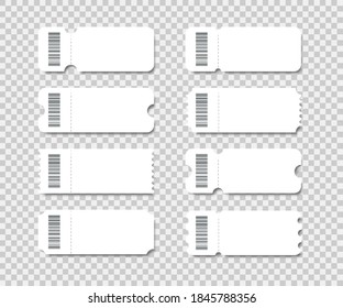 Blank ticket set. Use for coupons, lotterys, tickets movie, concert, boarding on transport. Empty template. Vector