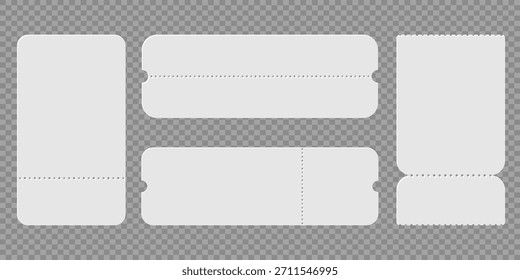Blank ticket shapes set with perforated edges in different sizes, empty coupon templates for event passes, raffle cards and lottery design use