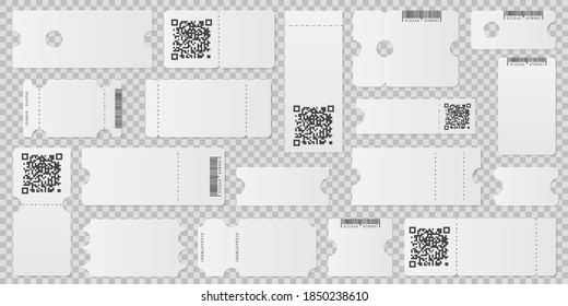 Blank Ticket Template. Event Coupon, Label Layout With Qr Code. Empty Airplane Pass Or Festive Flyer, Lottery Paper Mockup Recent Vector Set
