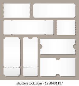 Blank Ticket Template. Festival Concert Tickets, White Paper Coupon Card Layout And Cinema Admit One Sheet. Event, Theater Or Lottery Tickets Isolated Vector Symbols Mockup