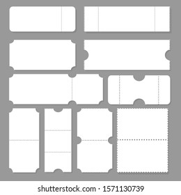 Blank ticket template. Festival concert tickets, white paper coupon card layout and cinema admit one sheet. Event, theater or lottery tickets isolated vector symbols mockup. EPS 10