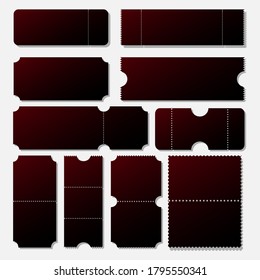 Blank ticket template. Festival concert tickets, red paper coupon card layout and cinema admit one sheet. Event, theater or lottery tickets isolated vector symbols mockup. EPS 10