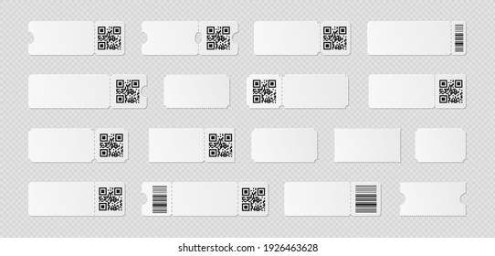 Blank ticket template mockup with barcode. Realistic discount voucher with qr code and ruffled edge. Empty lottery paper, movie, museum admit one. Vector illustration of ribbed ticket design