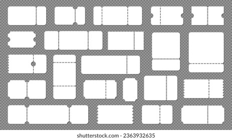 Blank ticket template. Money coupon mockup with text and logo, theater ticket with discount voucher, festival pass and voucher. Vector isolated set of ticket and coupon paper illustration
