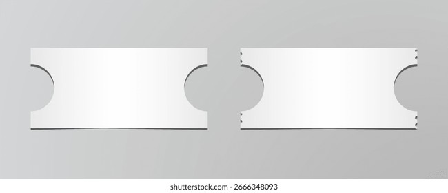 Plantilla de boletos en blanco con borde perforado y recortes redondos para diseño de eventos o cupones