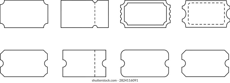 Blank ticket template set with eight simple black line art admission and event pass designs