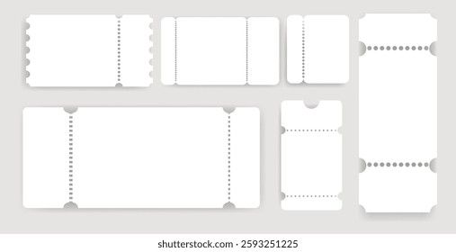 Blank ticket template set with perforated edges set.collection of blank white ticket card templates in various shapes and sizes for event, coupons, invitations,custom designs.Vector illustration