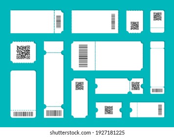 Plantilla de boleto en blanco con qr y código de barras. Cine, teatro, conciertos y entradas para el embarque. Descuento y cupones de venta. Ilustración vectorial aislada en fondo azul.