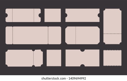 Blank ticket template set. Realistic white paper coupon card layout, cinema, festival concert, theater, lottery, event empty tickets, isolated vector symbols mockup