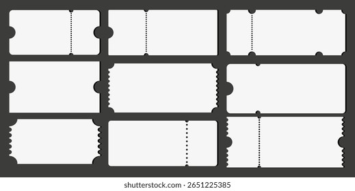 Blank ticket template set. Vector mockup for events, movies, flights. Use for admission, coupons, promotions! Isolated graphic design, easy to customize. Vector