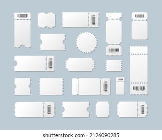 Blank ticket templates set. Realistic tickets for concert, transport or lottery with barcode. Vector illustration EPS 10