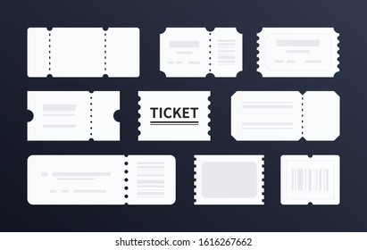 Blank ticket templates - set of vector flat design style elements isolated on black background. White empty passes of different shapes, with barcodes, detachable sections. Cinema, flight items