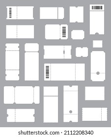 Blank tickets and admit templates, coupons and paper raffles, vector mockup. Blank ticket admits to concert event, movie or cinema theater and museum, entry access cards and boarding passes