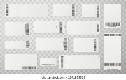 Blank tickets with barcode realistic vector illustrations set. Empty coupon with identification number isolated on transparent background. Cinema, theater, concert entrance tickets cliparts collection