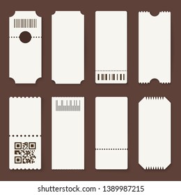 Blank tickets. Concert theater or airplane empty paper tickets, movie admit one coupons with barcode. Lottery isolated vector 3d mockups