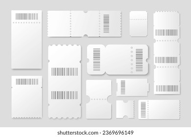 Blank tickets mega set in 3d realistic design. Bundle elements of white paper coupons mockup with text space and barcode for cinema, concert, other events. Vector illustration isolated graphic objects