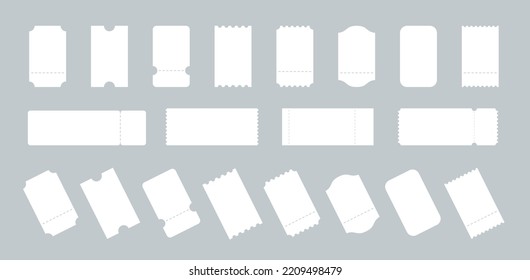 Blank tickets set. Empty ticket template. White blank ticket mockup. Concert movie theater and boarding blank white tickets, lottery coupons with ruffle edges. Blank Template Tickets