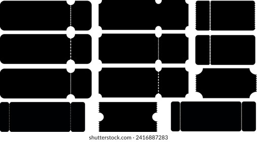 Blank tickets set. Empty ticket template. Black ticket mockup vector template isolated on transparent background