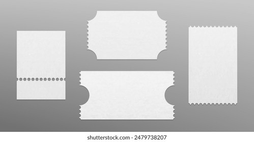 Boletos en blanco establecidos aislados en el fondo. Ilustración realista de Vector de maqueta de Cupón blanco con espacio vacío para texto, tarjeta de entrada para concierto, evento de teatro, descuento de compras de oferta de venta