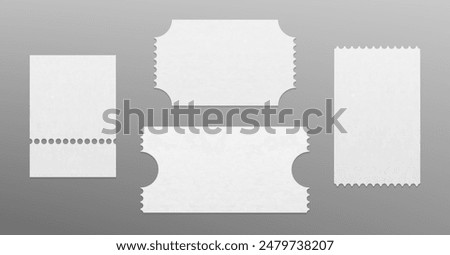 Blank tickets set isolated on background. Vector realistic illustration of white coupon mockup with empty space for text, admission card for concert, theater event, shopping discount of sale offer