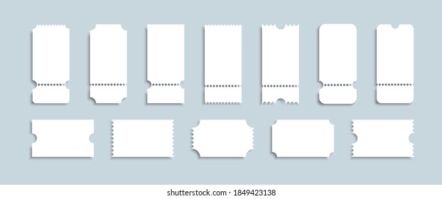 Blank tickets set. Realistic white mockup ticket for concert, boarding, lottery, movie and coupon.