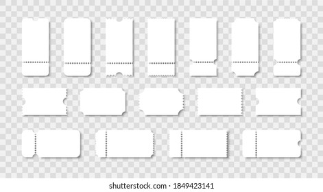 Blank Tickets Set. Realistic White Mockup Ticket For Concert, Boarding, Lottery, Movie And Coupon.