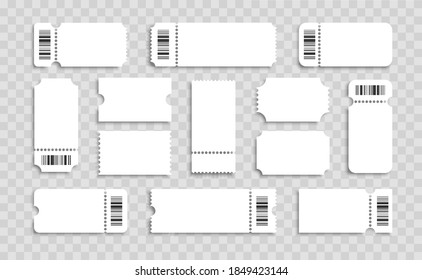 Blank tickets set. Realistic white mockup ticket with barcodes. For concert, lottery, movie and coupon.