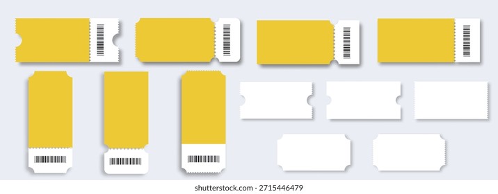 Blank tickets set. Realistic white mockup ticket for concert, boarding, lottery, movie and coupon.