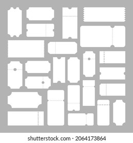 Boletos en blanco. Juego de entradas de plantillas vectoriales. Concierto, tarjetas de cine. Descuento, venta, cupones con bordes rígidos. Ilustración del vector