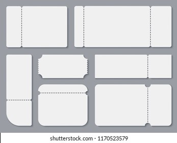 Blank Tickets. White Theater And Cinama Ticket Mockup. Lottery Coupon And Receipt Vector Isolated Template. Cardboard For Entertainment Festival, Movie Film And Show Illustration