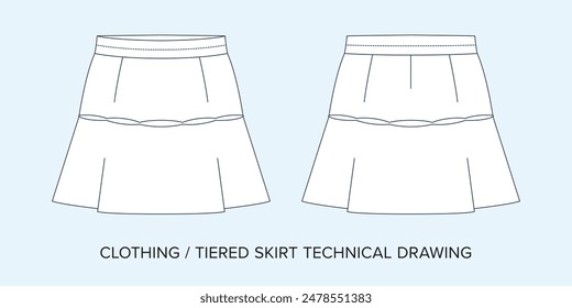 Blank Tiered Skirt Technical Drawing, Apparel Blueprint for Fashion Designers. Detailed Editable Vector Illustration, Black and White Womens Clothing Schematics, Isolated Background