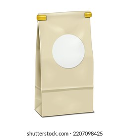 Blank tin tie paper bag with round label sticker vector mockup. Resealable pouch package for coffee, tea, snacks and other foods mock-up