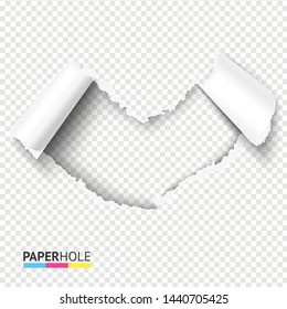 Blank torn cardboard heart shape hole with bent pieces on transparent background for valentines day vector poster. Empty tear edge paper hole banner for love, kiss ect. concept.