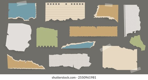 Blank torn colored paper with tape. Isolated note background set. Templates for note message, design elements for collage