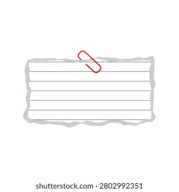 Blank torn lined notebook paper clipped with a red paper clip, isolated on transparent background. Perfect for notes, memos, office, school, stationery, and creative design templates.