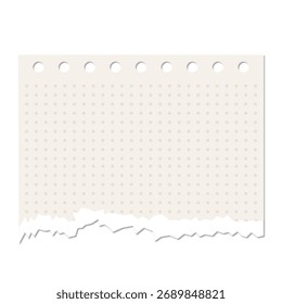 Página de caderno rasgada em branco com buracos perfurados e padrão de grade sutil, pronto para notas e ideias