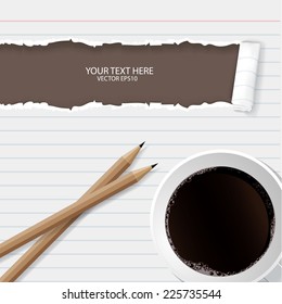 Blank torn notepad with pencil and coffee cup. Above view 