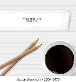 Blank torn notepad with pencil and coffee cup. Above view 