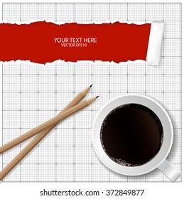 Blank torn notepad with pencil and coffee cup. Above view