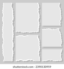 Blank torn paper pages to leave note, memo, reminder or notification for office colleagues. Vector design of set of empty disrupted sheets with textured edge for text or little message.