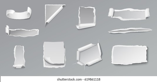 Blank torn paper set of different shapes and forms on gray background isolated vector illustration