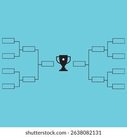 A blank tournament bracket diagram with an iconic trophy symbol at the center, set against a solid blue background