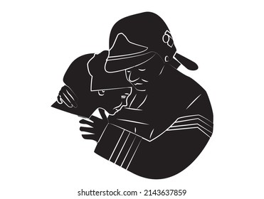 
Blank tracing of a firefighter hugging a civilian on white background