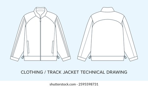 Blank Track Jacket Technical Drawing, Apparel Blueprint for Fashion Designers. Detailed Editable Vector Illustration, Black and White Sport Clothing Schematics, Isolated Background