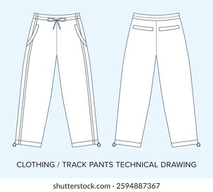 Blank Track Pants Technical Drawing, Apparel Blueprint for Fashion Designers. Detailed Editable Vector Illustration, Black and White Sport Clothing Schematics, Isolated Background