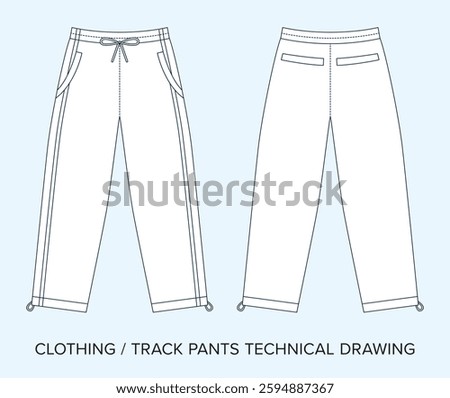Blank Track Pants Technical Drawing, Apparel Blueprint for Fashion Designers. Detailed Editable Vector Illustration, Black and White Sport Clothing Schematics, Isolated Background