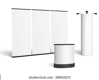 Blank Trade Show Booth Mock Up. Front View. Vector Isolated On White Background