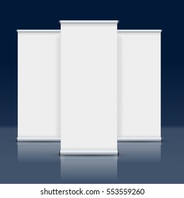 Blank trade show booth mock up. Blank roll up banner display on background