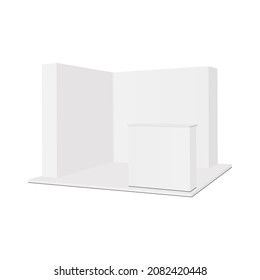 Blank Trade Show Booth Mockup with Demonstration Table, Side View, Isolated on White Background. Vector Illustration