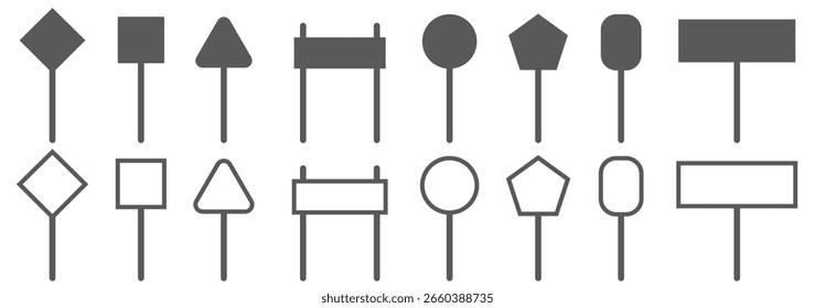 Conjunto de ícones em branco da placa de tráfego. Ícone de vetor da placa de tráfego em branco no design de estilo de linha. Símbolo de Quadro de Tráfego em Branco. Ilustração vetorial. 